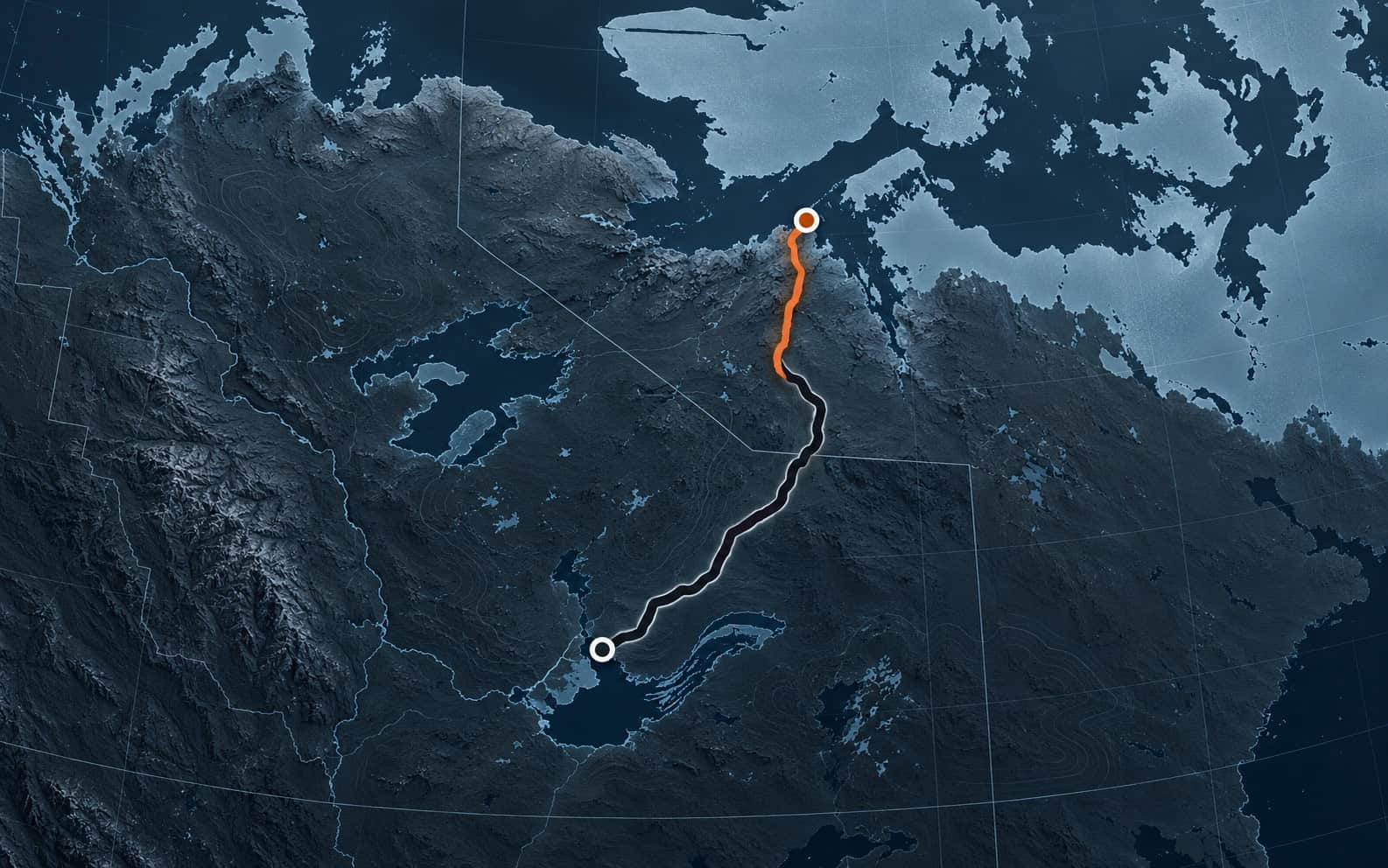 Stylized relief map showing the operating corridor between Yellowknife and Grays Bay